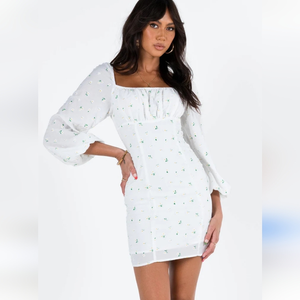 Princess Polly Napier Long Sleeve White & Yellow Floral Mini Dress Size 4